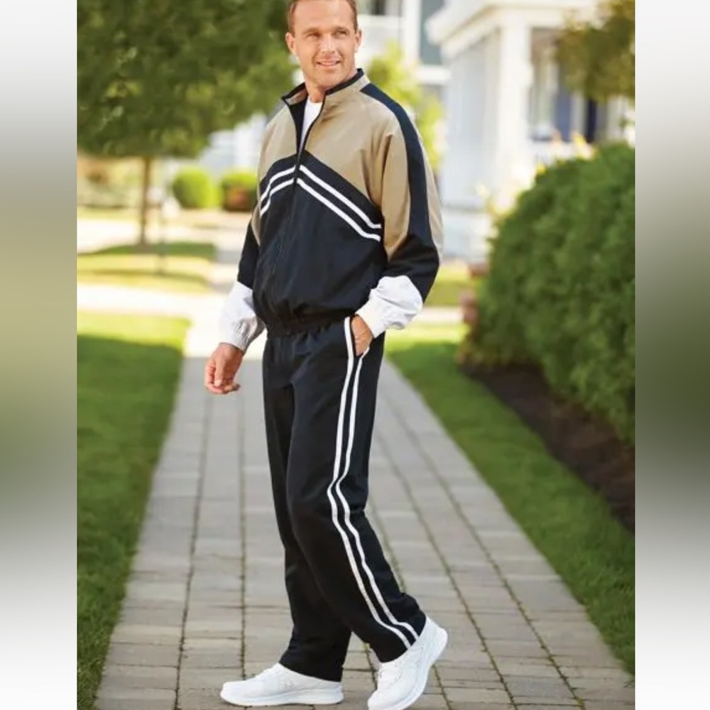 Men’s Track Suit, Irvine Park, black tan & white, Sz Large. New with Tags